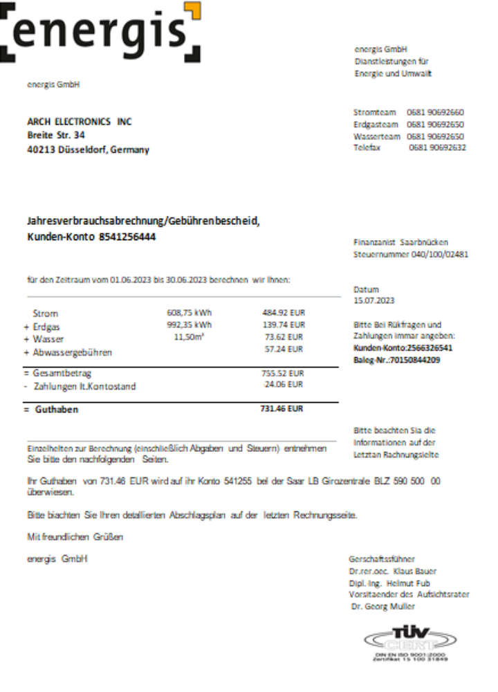 Download Germany Energis utility business bill,  SCR Photoshop template